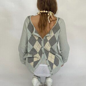 Talbots Women's Grey and Blue Argyle Plaid Cardigan